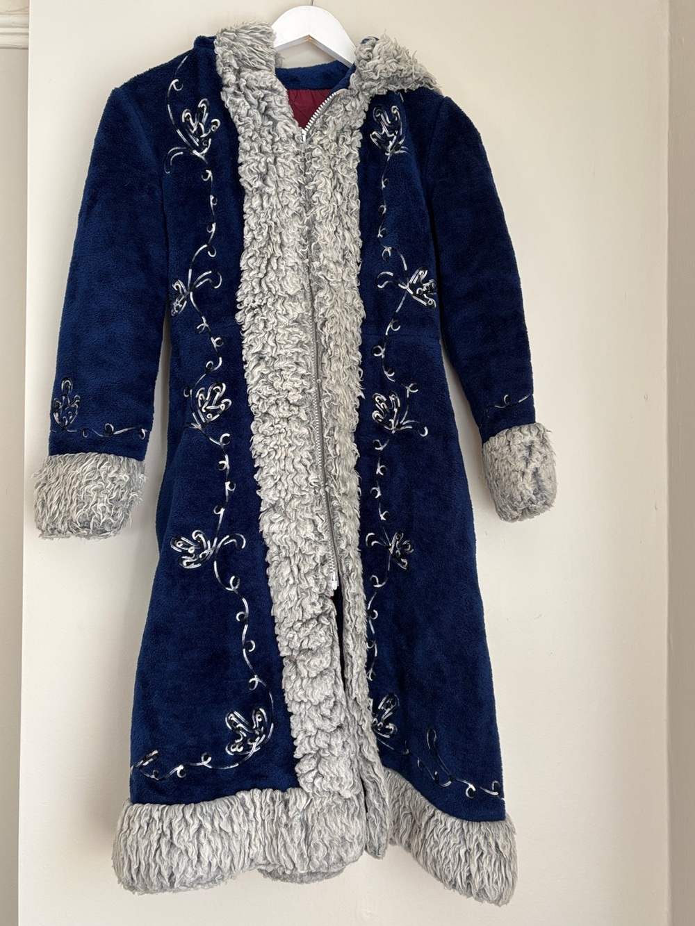 Penny Lane Style Women’s Navy Trench Coat with Gray Faux Fur Trim